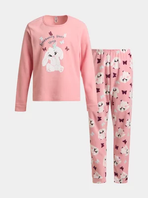 Jet Older Girls Pink Bunny Micro Fleece Pyjama Set