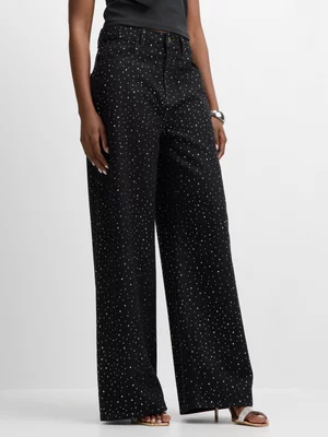 Exact Women's Black Rhinestone Wide-Leg Jeans