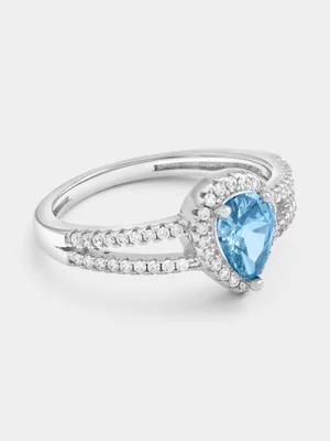 Sterling Silver Sapphire Blue Cubic Zirconia Pear Halo Ring