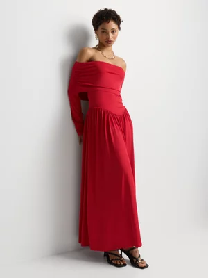 Draped Long Sleeve Off The Shoulder Dress