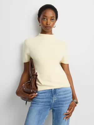 Fitted Short Sleeve Ribbed Highneck Knit Top