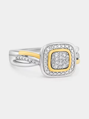 Yellow Gold & Sterling Silver Diamond Cushion Halo Twist Ring 