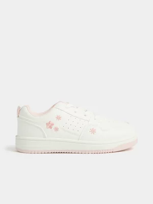 Jet Older Girls White Lime Embroidered Court Sneaker