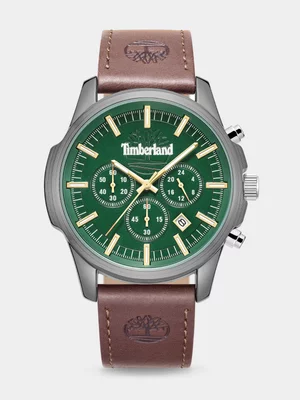 Timberland Green Dial Gunmetal Plated Brown Leather Chronograph Watch