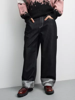 The FIX Men's Black Baggy Jeans With Turn Up Camo Hem