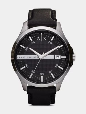 Armani Exchange Grey Plated Stainless Steel Black Leather Watch