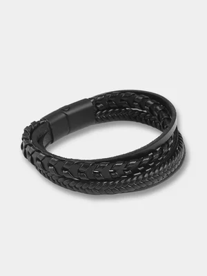 Markham Men's Leather Multi Woven Black Bracelet 