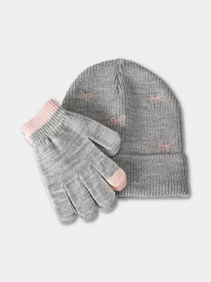 Girl's Grey Glove & Beanie Set