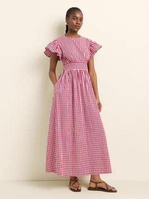Women's Iconography Ruffle Sleeve Gingham Dress Red