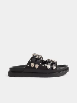 The FIX Women's Black Studded Double Strap Sandal