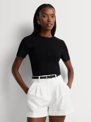 Fitted Seam Detail Short Sleeve Crew Neck Knit