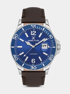 Daniel Klein Silver & Blue Plated Blue Dial Brown Leather Watch 