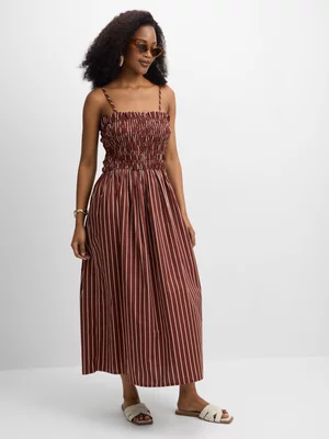 Exact Women's Brown & White Striped Shirred Sundress