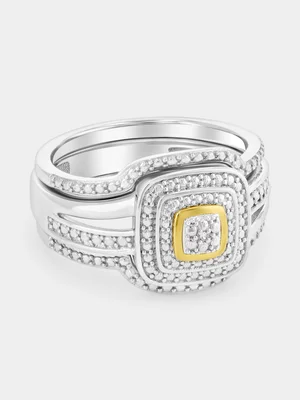 Yellow Gold & Sterling Silver White Sapphire Cushion Double Halo Twinset Ring