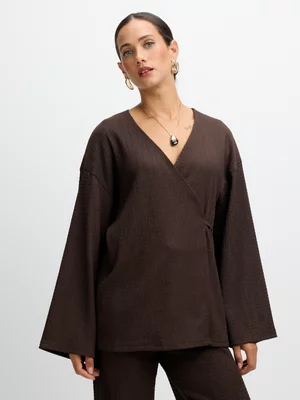 Exact Women's Brown Textured Knit Wrap Top