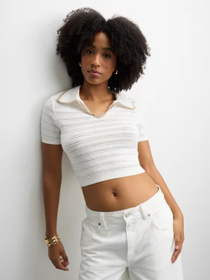 The FIX Women's Milk Knit Crochet Polo Collar Top 