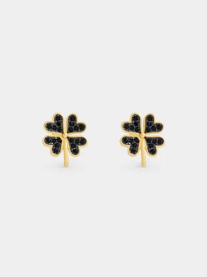Gold Plated Sterling Silver Black Cubic Zirconia Heart Clover Stud Earrings 