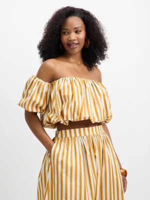 Exact Women's Yellow & White Striped Balloon Sleeve Top