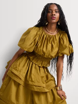 Ruched Waist Puff Sleeve Blouse