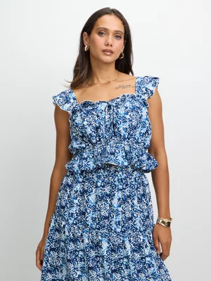 Jet Women's Blue Print Flowing Ruffle Vest