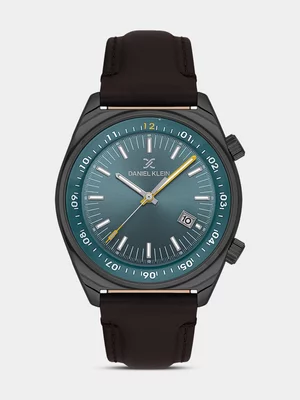 Daniel Klein Gunmetal Plated Green Dial Brown Leather Watch 