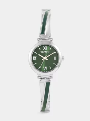 Tempo Silver Plated Green Dial Green Enamel Bangle Watch