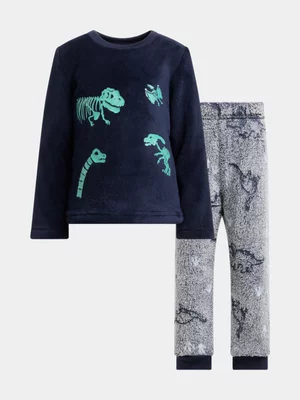 Jet Older Boys Navy Glow In The Dark Dino Coral Fleece Pj Set