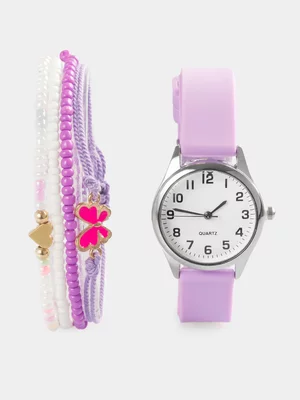 Girl's Purple Watch & Butterfly Bracelet Set 