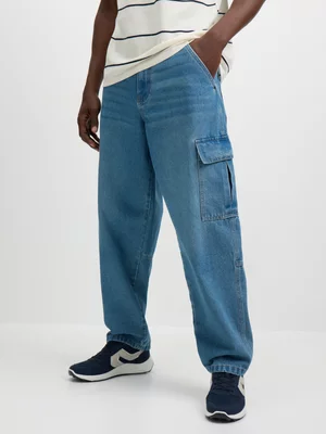 Jet Mens Mid Wash Baggy Cargo Fashion Denim