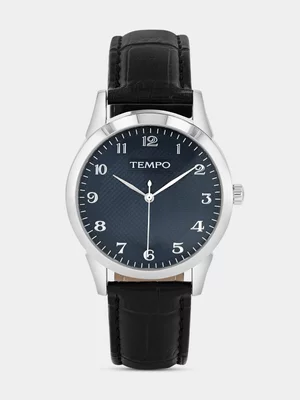 Tempo Silver Plated Blue Dial Black Leather Watch