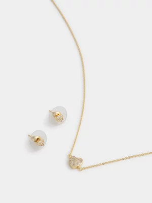14ct Gold Plated Cubic Zirconia Heart Necklet & Stud Earrings Set  