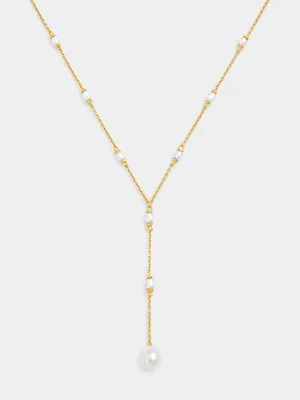 Gold Plated Sterling Silver Freshwater Pearl Station Y-Chain Necklace