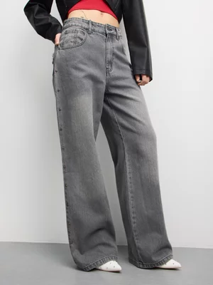 The FIX Women's Grey Wide Leg Jeans With Studs