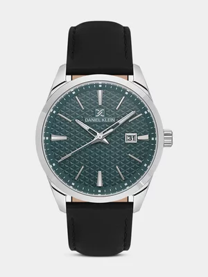 Daniel Klein Silver Plated Green Dial Black Leather Watch 
