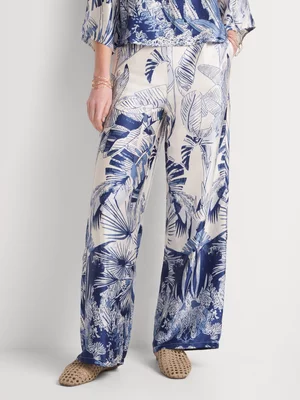 Satin Wide Leg Leaf Print Pants