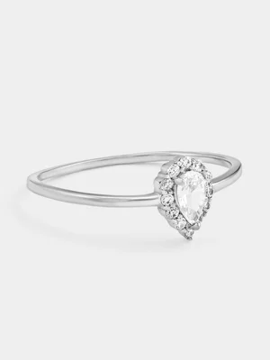 Sterling Silver Cubic Zirconia Pear Halo Ring