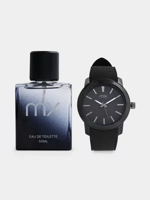 MX Silver Plated Black Silicone Watch & MX For Him Fragrance Set 