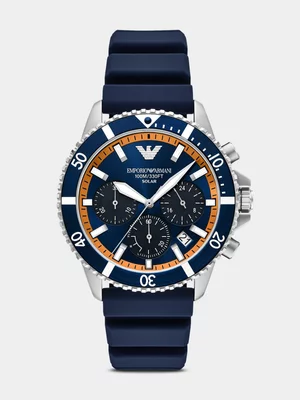 Emporio Armani Stainless Steel & Blue Silicone Solar Chronograph Watch