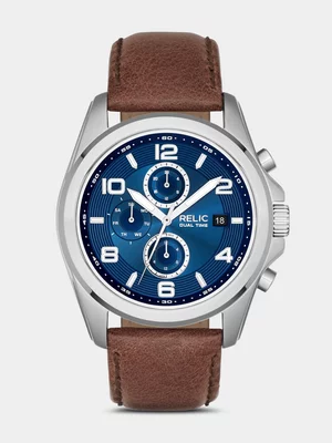 Relic By Fossil Daley Stainless Steel Brown Leather Chronograph Watch