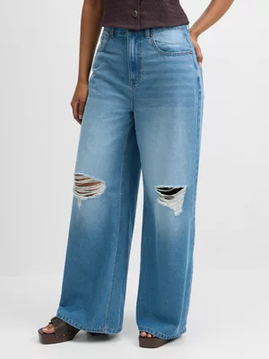 Exact Women's Light Wash Ripped Wide-Leg Jeans 