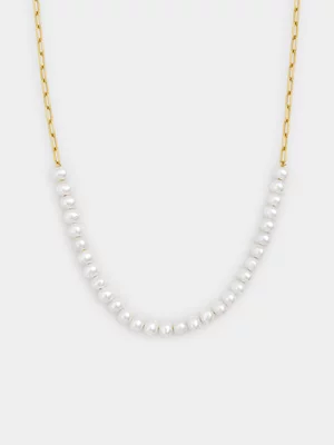 Gold Plated Sterling Silver Freshwater Pearl Oval Link Chain