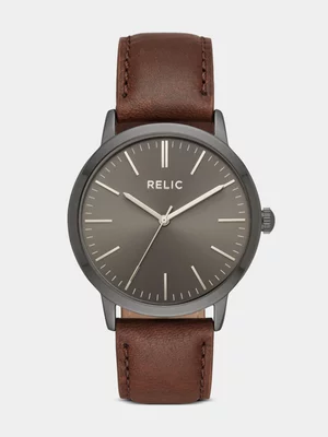 Relic By Fossil Jeffery Gunmetal Plated Brown Leather Watch