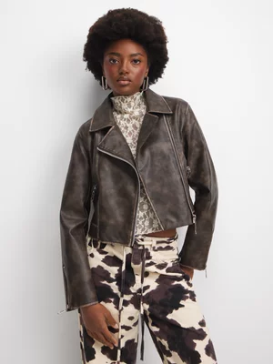 The FIX Women's Brown Burnished PU Biker Jacket