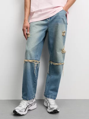 The FIX Men's Light Wash Rip & Repair Straight Leg Jeans