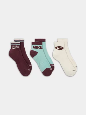 Nike Unisex 3-Pack Everyday Lifestyle Ankle Multicolour Socks 