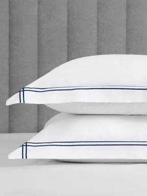Guest House Nautilus Embroidery 400 Thread Count Pillowcase 2Pk White & Navy