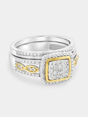 Yellow Gold & Sterling Silver White Sapphire Cushion Halo Twinset Ring