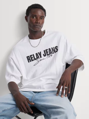 Relay Jeans Men's Boxy Stripe White Graphic T-Shirt