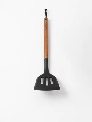 Sur La Table Black Slotted Turner with Acacia Wood Handle