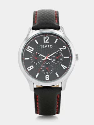 Tempo Silver Plated Black Dial Black Leather Watch 